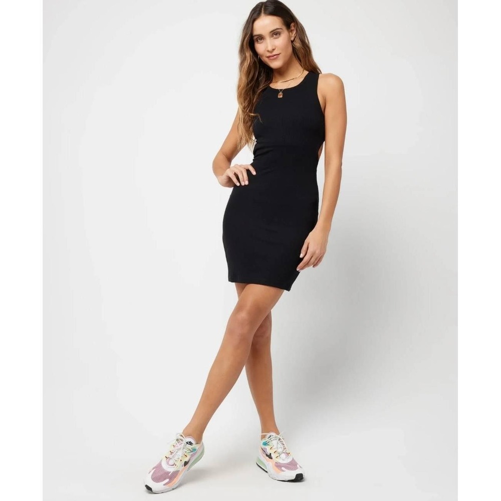 L*Space Womens Ribbed Cutout Back Mini Dress Black XL Sleeveless Bodycon NEW